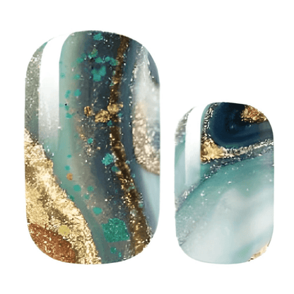 Teal and gold marble nail wraps showing ocean stone pattern close-up