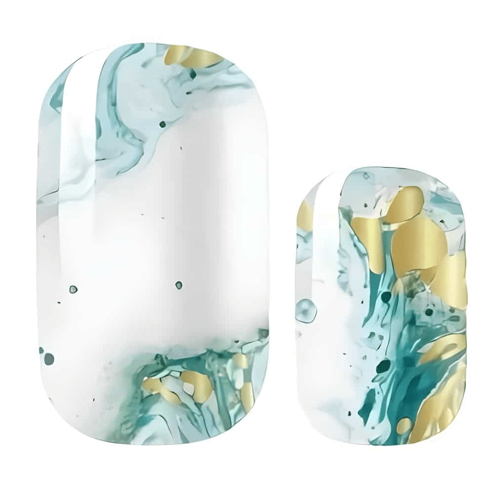 Teal and white marbled nail wraps with gold foil accents, glossy finish
