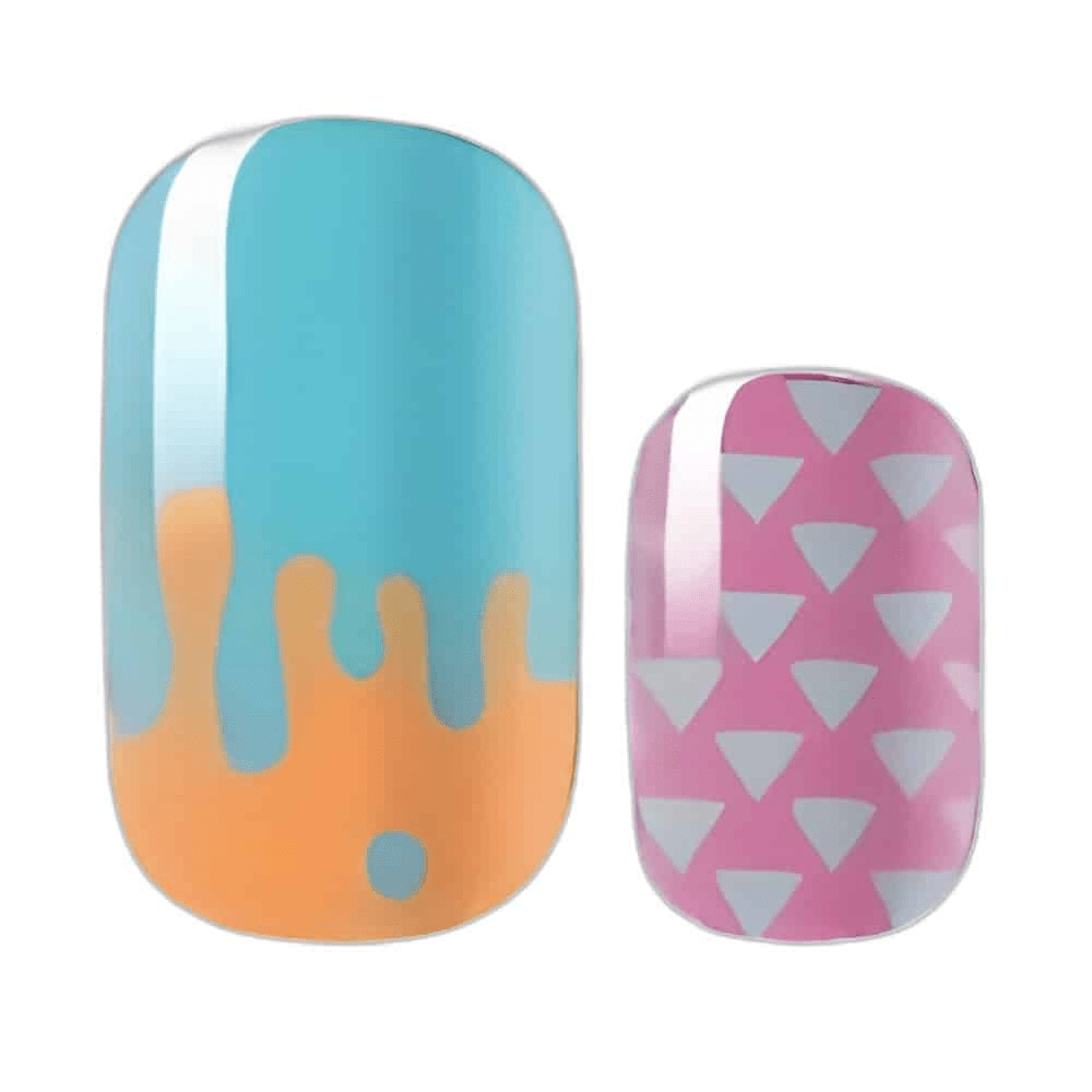 Turquoise orange drip design and pink geometric triangle pattern nail wraps for creative at-home manicure