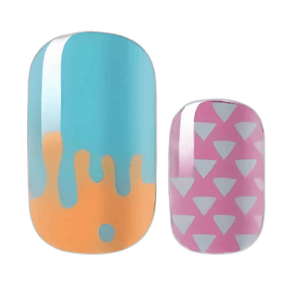 Turquoise orange drip design and pink geometric triangle pattern nail wraps for creative at-home manicure