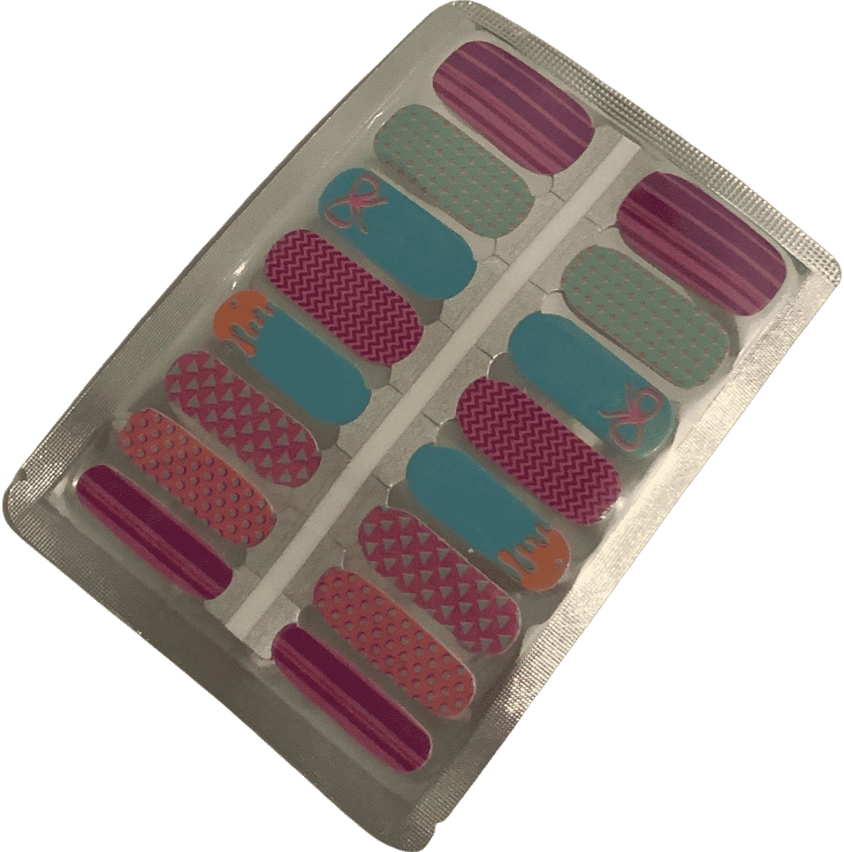 Complete nail wrap sheet featuring retro geometric patterns in turquoise purple pink for DIY manicure
