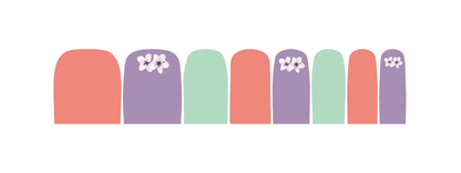 Nail wrap design chart displaying coral purple green orchid floral pedicure patterns
