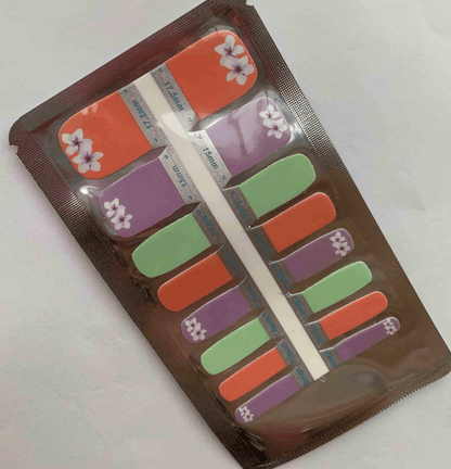Non-UV pedicure nail wraps pack showing coral purple green orchid floral designs