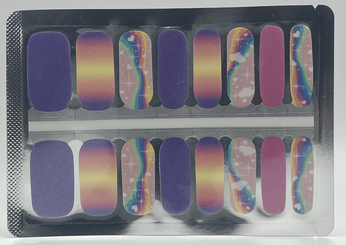 Complete nail wraps sheet with rainbow gradient purple pink holographic patterns for DIY nail art