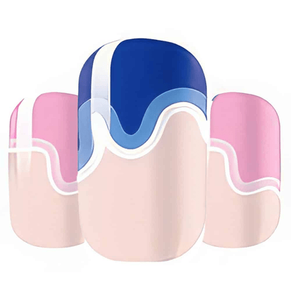 Blue and pink paint drip nail wraps with flowing artistic pattern on nude background