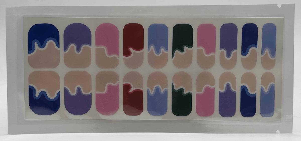 Non-UV nail wraps sheet with paint pot design in multiple colours on nude base