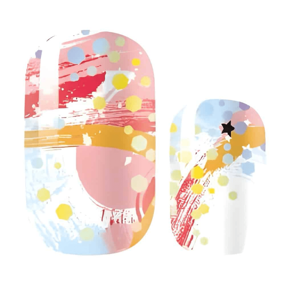 Abstract paint splatter nail wraps with pastel brushstroke design and artistic gallery pattern
