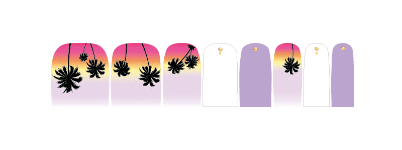 Tropical sunset pedicure nail wraps with purple pink gradient and palm silhouettes