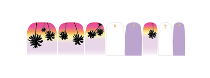 Tropical sunset pedicure nail wraps with purple pink gradient and palm silhouettes
