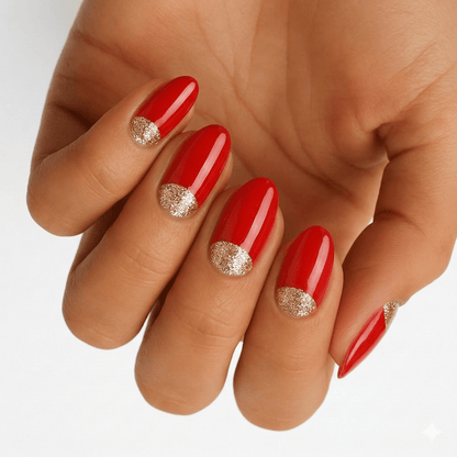 Glossy red nail wraps with gold glitter half-moon cuticle design, wide fit