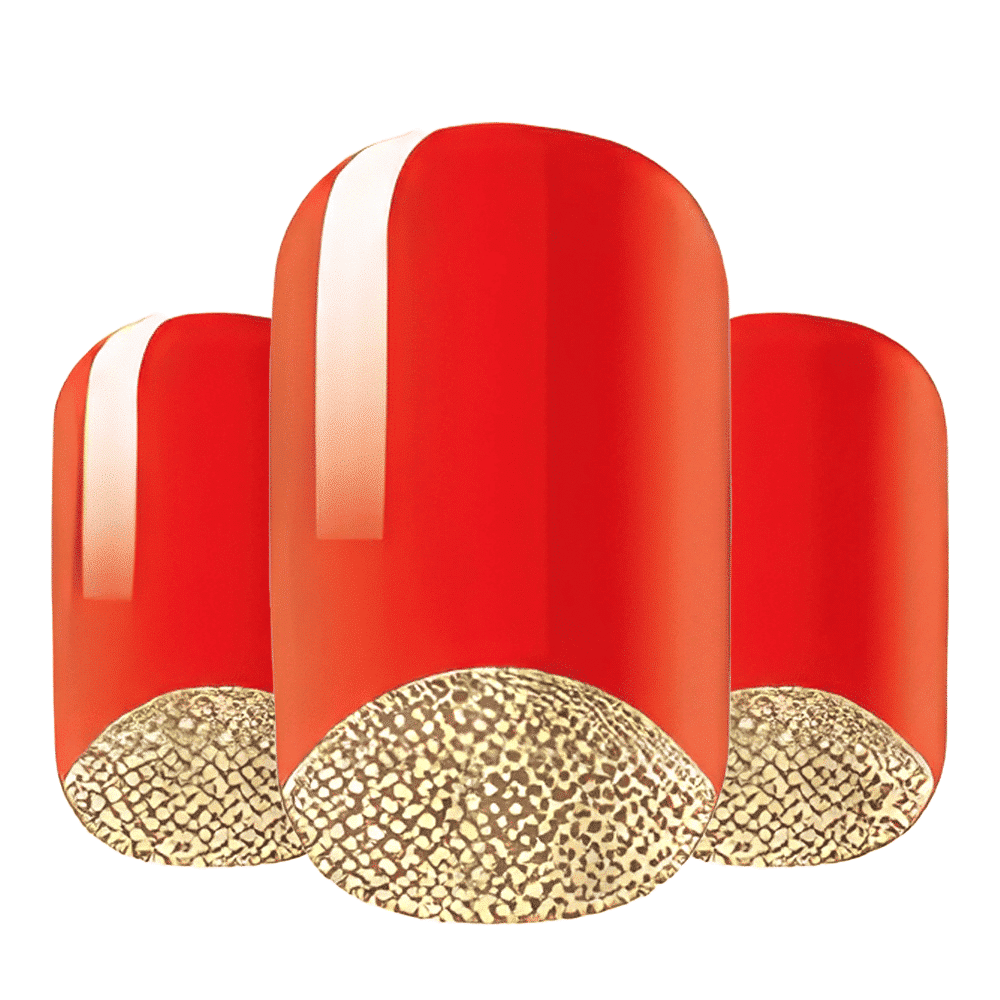 Red nail art wraps with gold textured tips showing reverse French manicure design