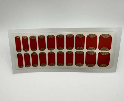 Red nail wraps with gold glitter reverse French design 20 piece wide fit set