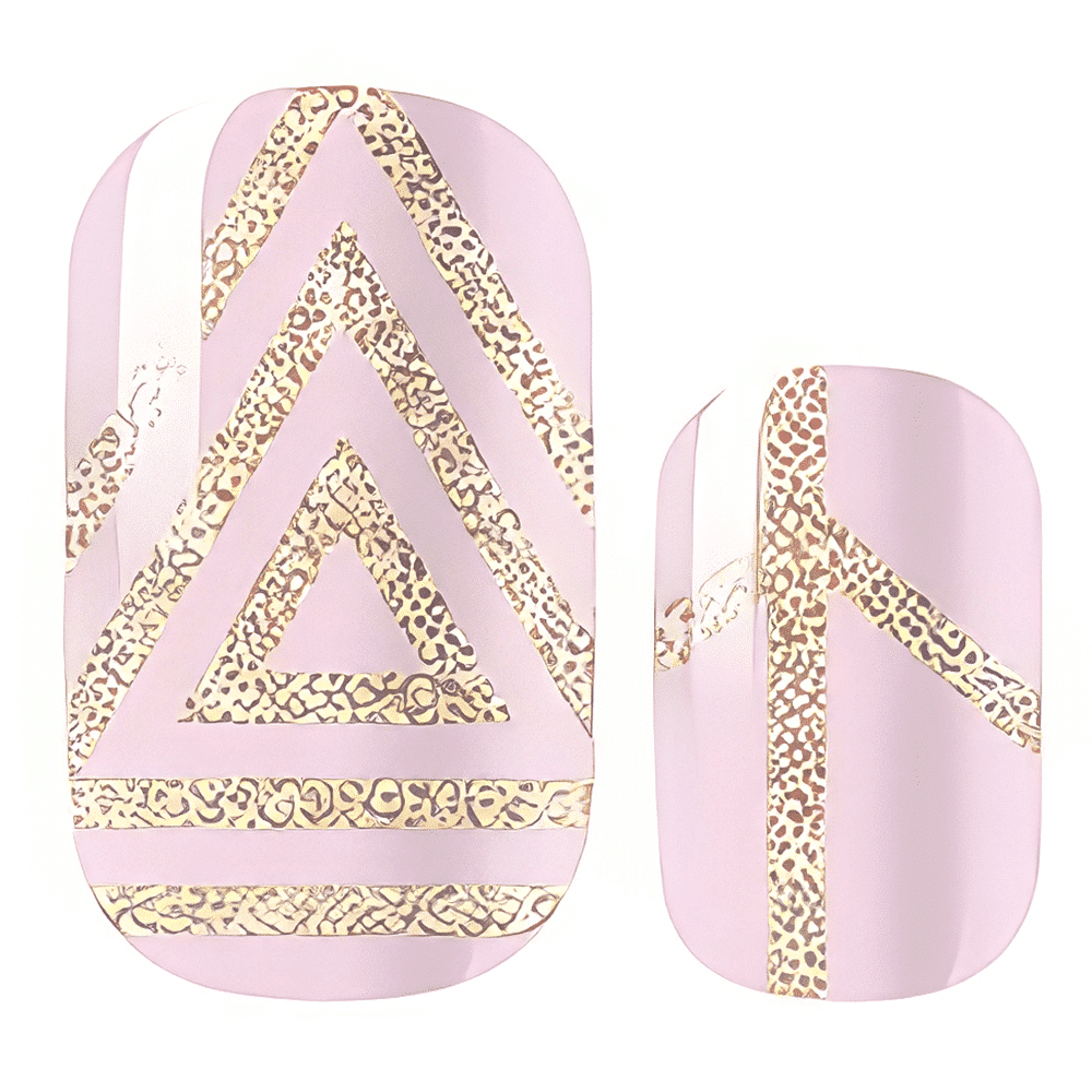 Pink nail wraps with gold leopard-print geometric stripes and triangle design