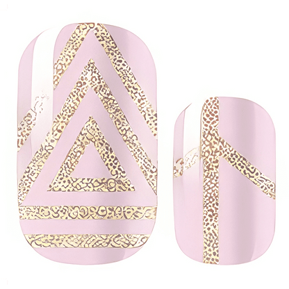Pink nail wraps with gold leopard-print geometric stripes and triangle design
