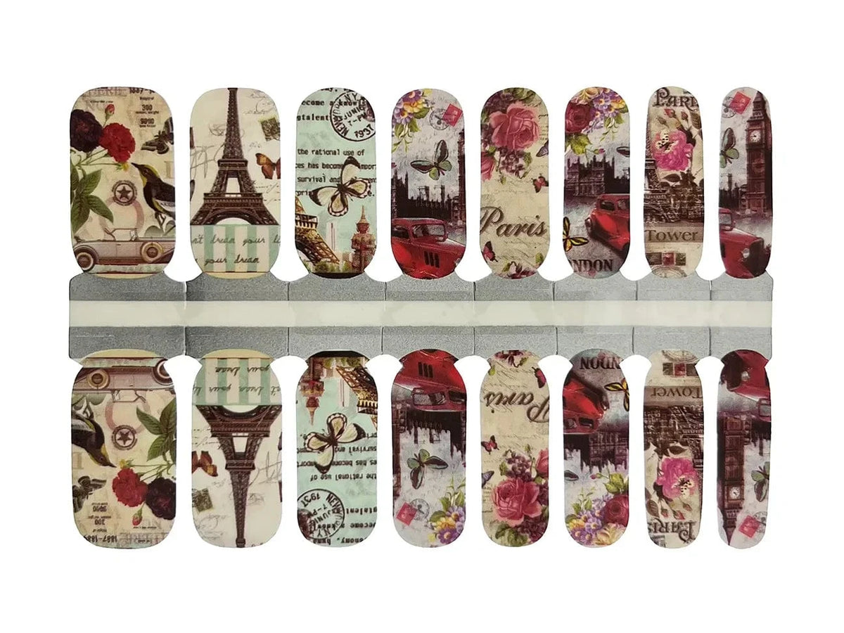 Vintage Paris themed non-UV nail wraps with Eiffel Tower roses and romantic French motifs