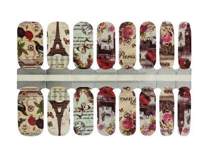 Vintage Paris themed non-UV nail wraps with Eiffel Tower roses and romantic French motifs