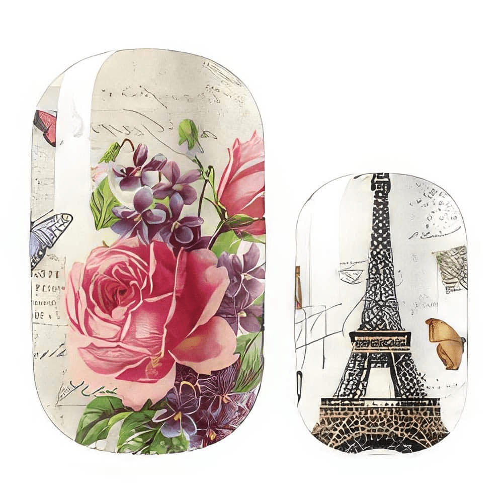 Close-up vintage Paris nail wraps with pink roses Eiffel Tower and French script details