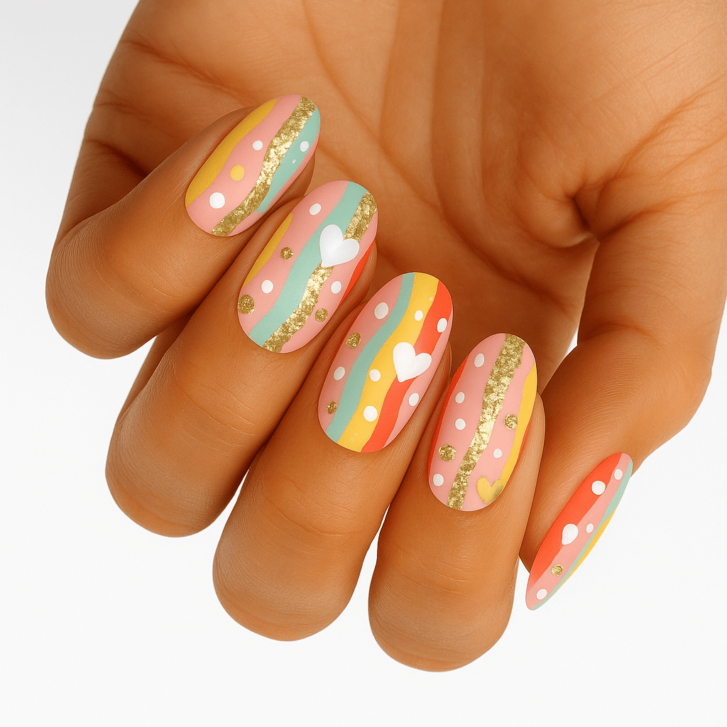 Colourful party nail art with rainbow stripes and gold glitter on hand
