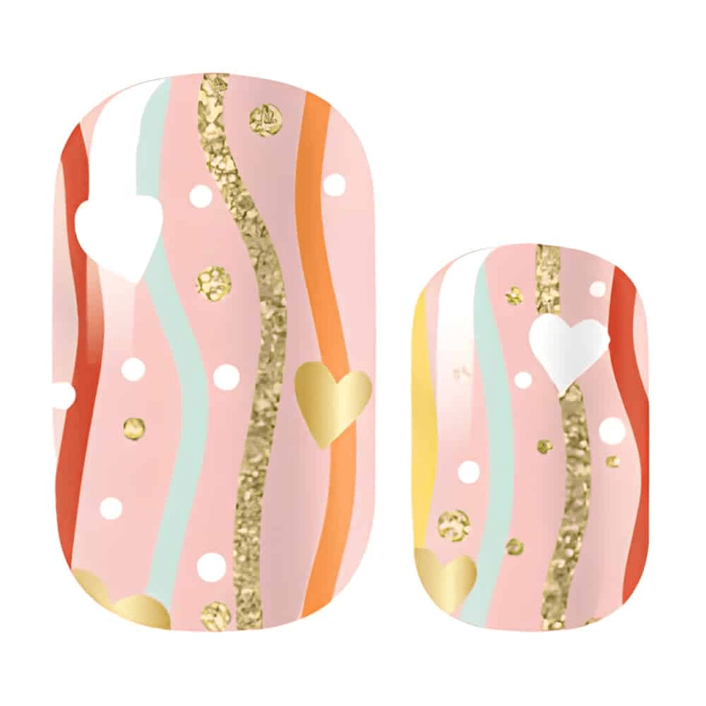 Colourful striped nail wraps with gold glitter and white dots design