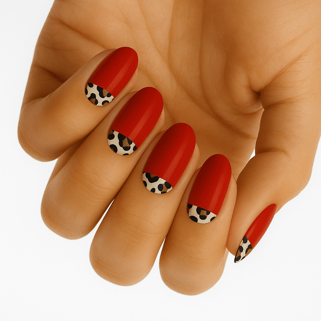 Red glossy nail wraps with leopard print at the base, almond-shaped tips