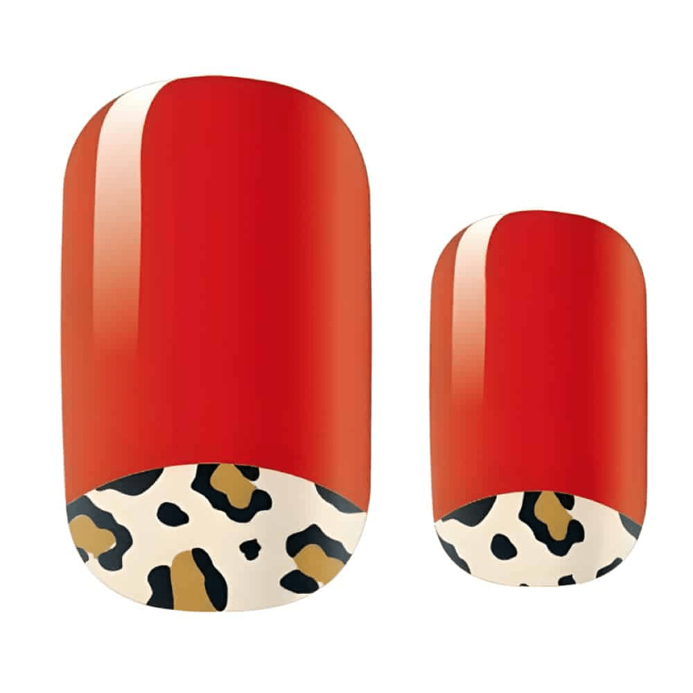 Red glossy nail wraps with leopard print tips non-UV manicure design