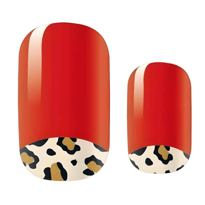 Red glossy nail wraps with leopard print tips non-UV manicure design