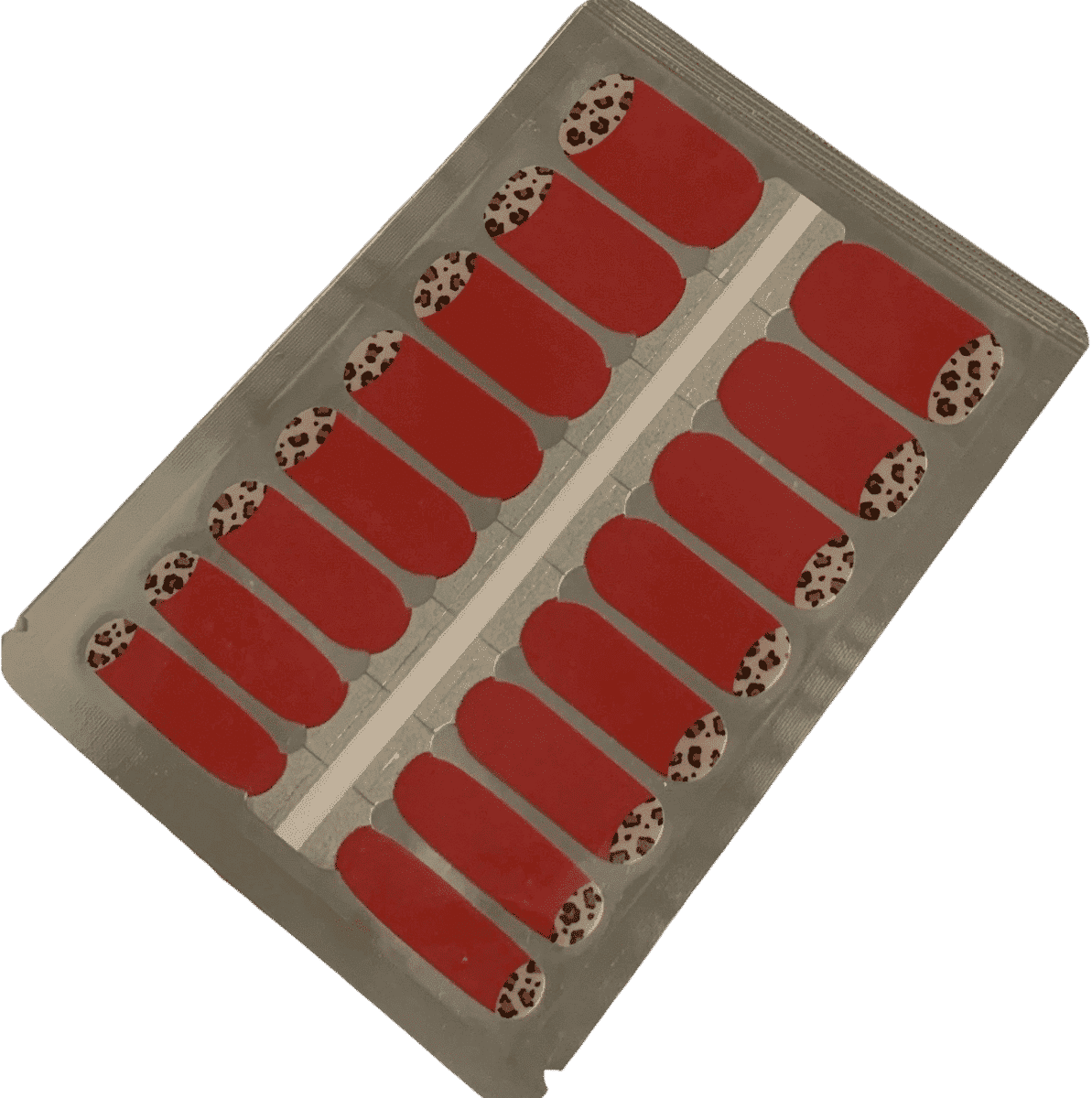 Red glossy nail wraps with leopard-print accent at the base of each nail.