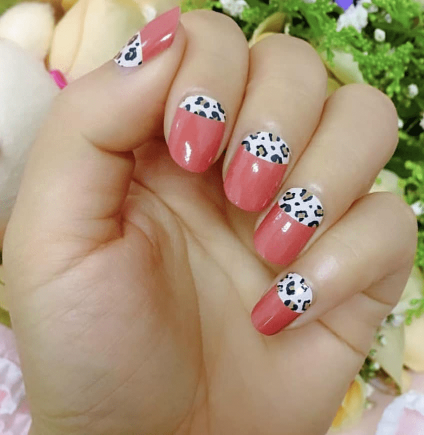 Holy Classics nail wraps, coral half-moon tips over white leopard print base