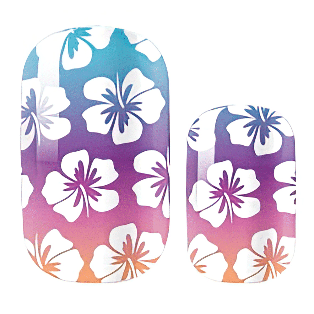 Nail wraps with blue-to-pink-orange sunset gradient and white hibiscus flower print