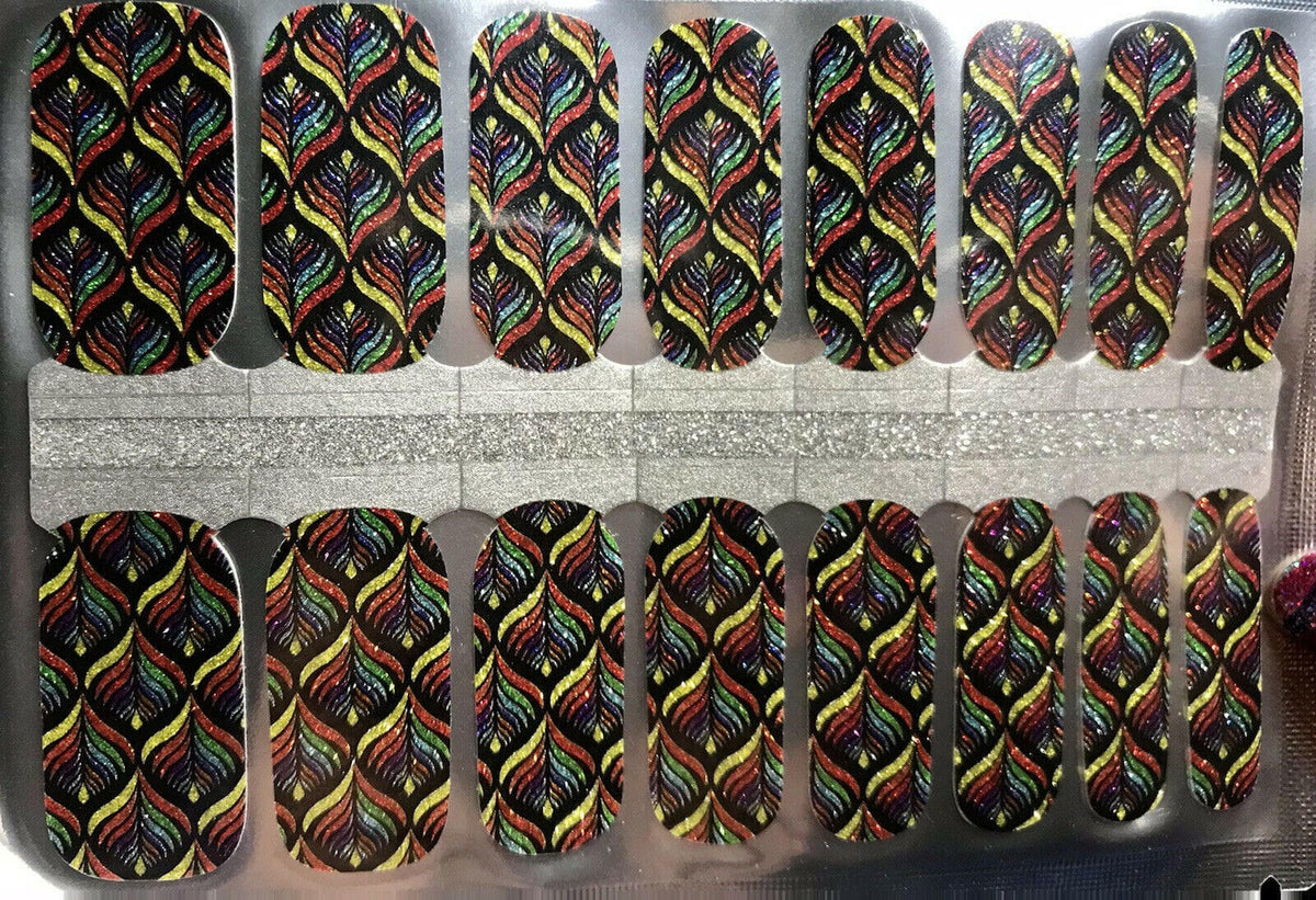 Colourful geometric pattern nail wraps with rainbow diamond design for at-home manicure