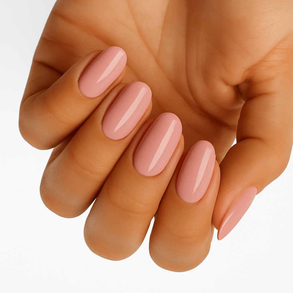 Glossy peach-pink nail wraps on almond-shaped nails, solid soft blush colour