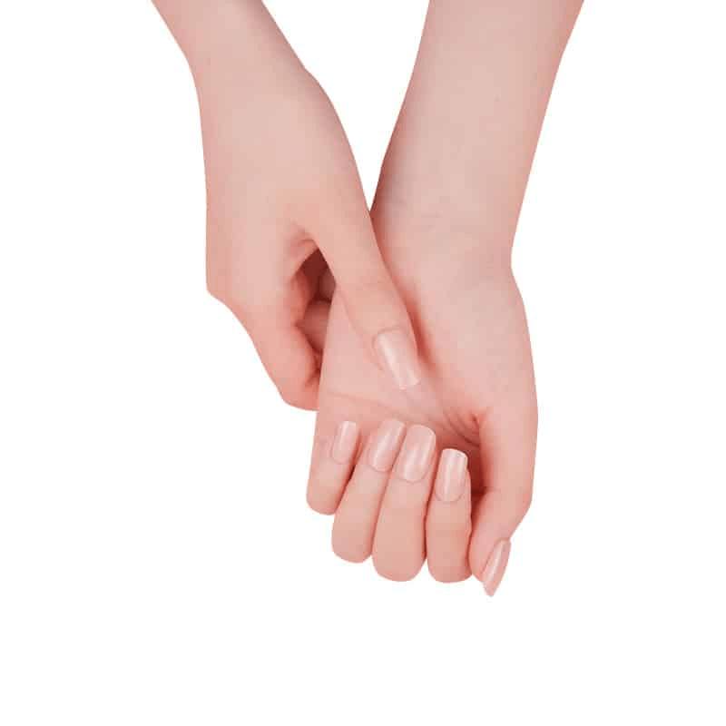 Sheer peach nail wraps with a glossy finish on short round nails