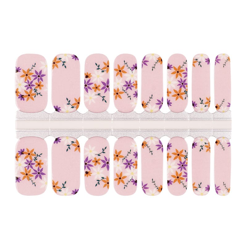 Non-UV nail wraps sheet featuring pink base with purple and orange pansy flower design