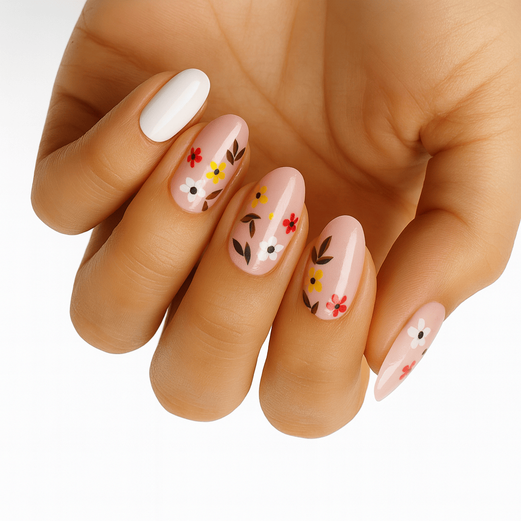 Hand showing pink floral nail art with white and coloured flower patterns on nails