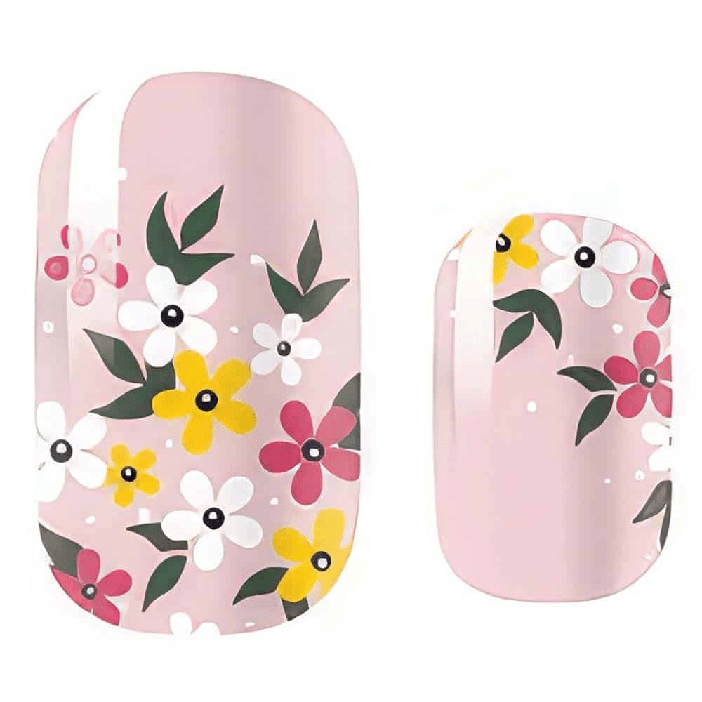 Pink nail wraps with glossy white, yellow and pink floral design and leaves