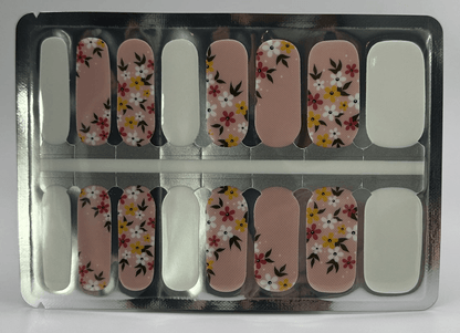 Non-UV nail wraps sheet showing pink floral pattern with yellow flowers for DIY manicure