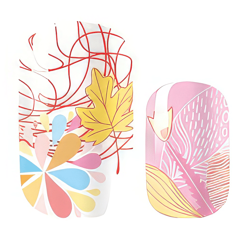 Botanical nail wrap design featuring pink florals and abstract leaf patterns in pastels