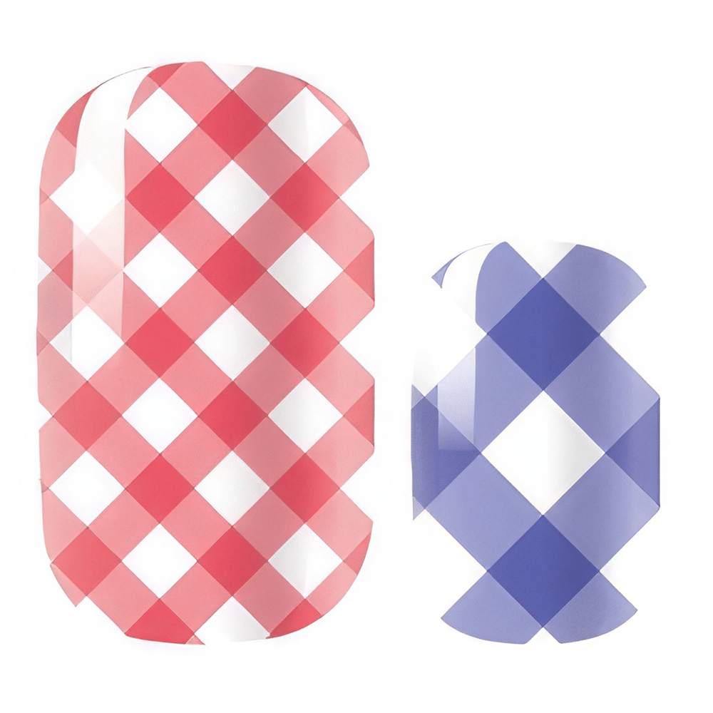 Pink and purple gingham nail wraps with checkered pattern design for manicures
