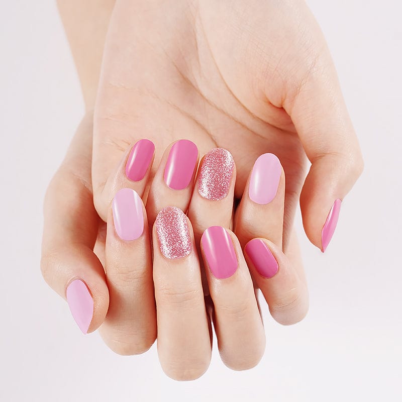 Holy Classics nail wraps in pink pop shades, mixing glossy rose, lilac and glitter accents
