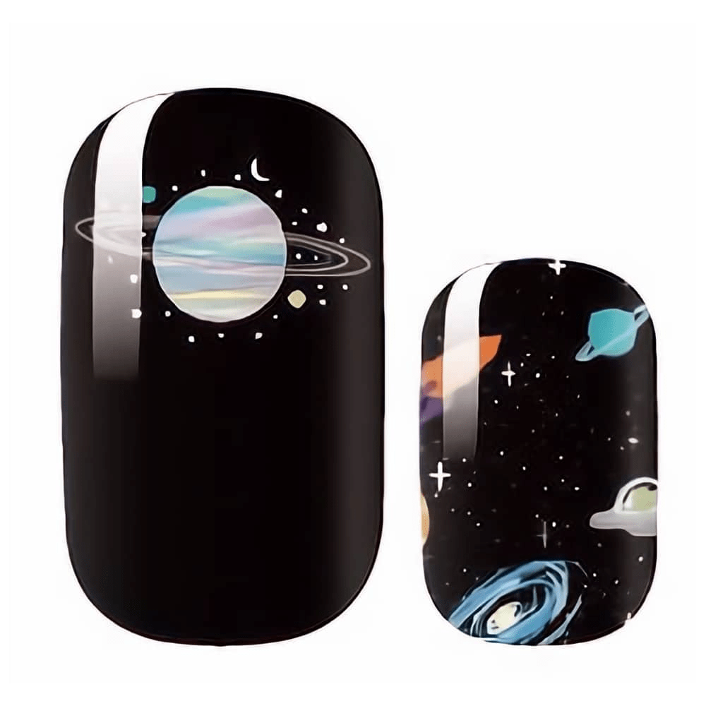 Black space nail wraps with holographic planets and celestial design
