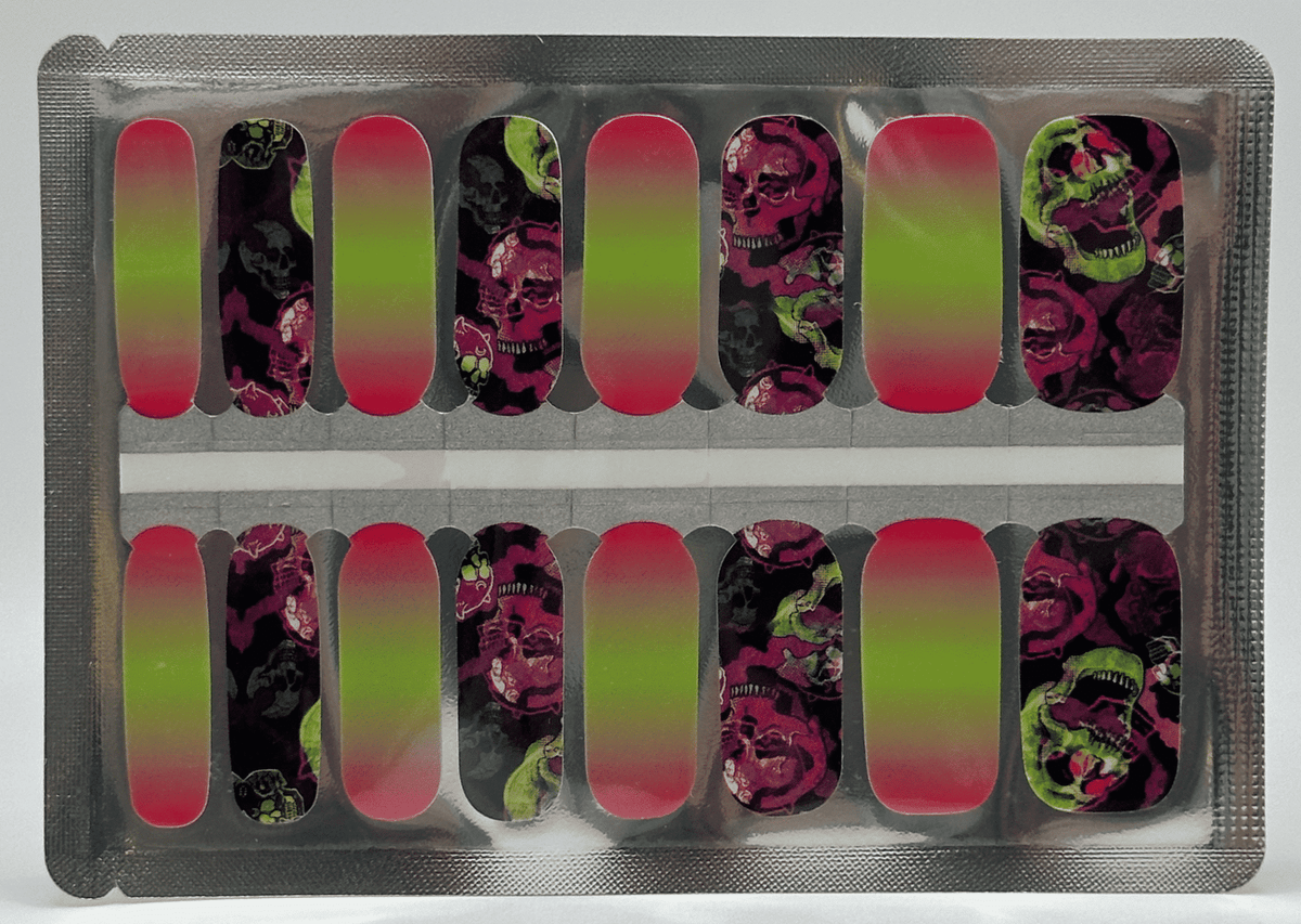 Non-UV nail wraps sheet showing pink ombre and gothic floral skull patterns