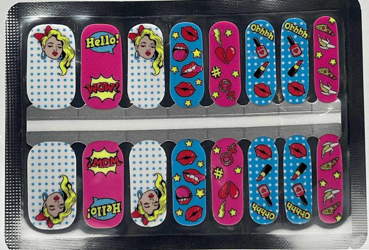 Colourful pop art nail wraps with comic book graphics and retro cartoon patterns