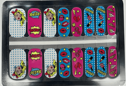 Colourful pop art nail wraps with comic book graphics and retro cartoon patterns