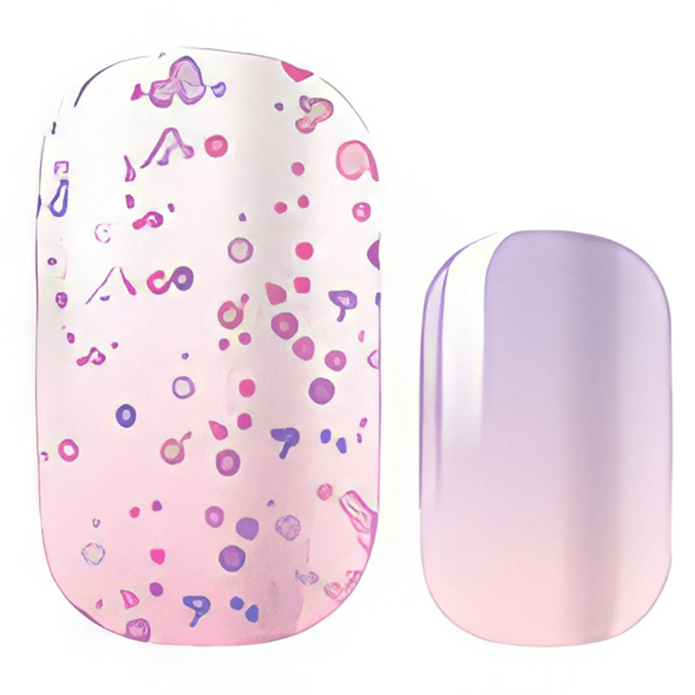 Purple gradient nail wraps with musical notes and glitter pattern for kawaii style