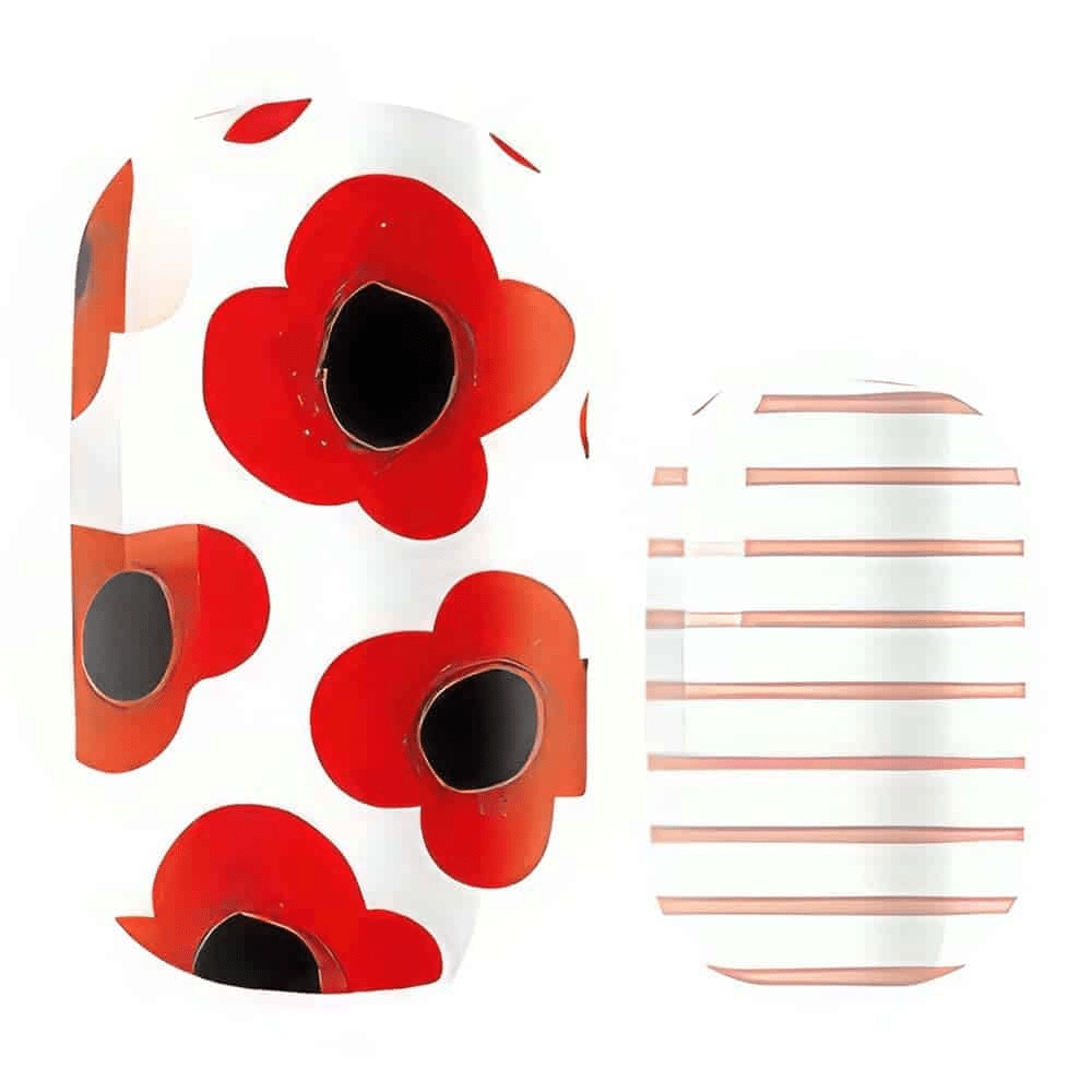 Red poppy floral nail wraps with striped pattern design for at-home manicure