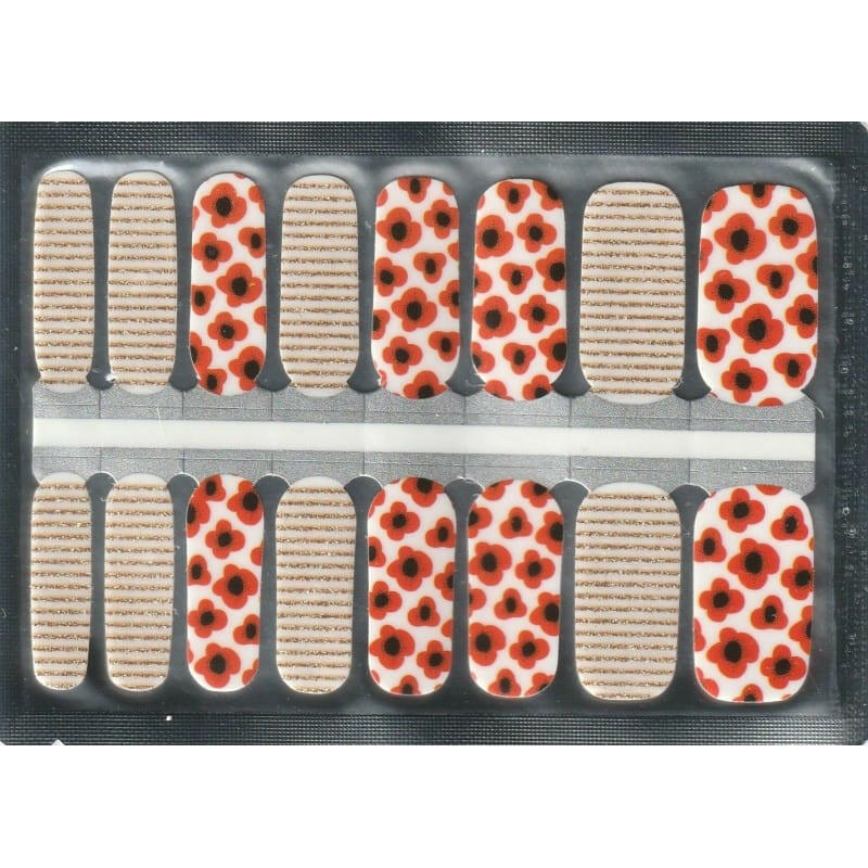 Complete set of red poppy flower nail wraps with beige stripes on clear backing