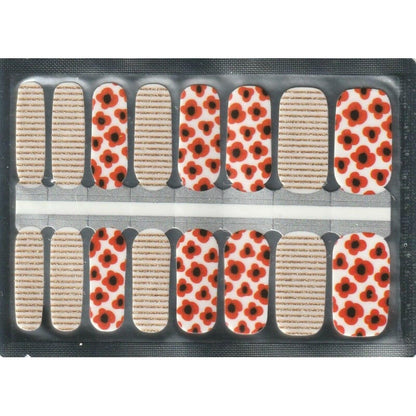 Complete set of red poppy flower nail wraps with beige stripes on clear backing