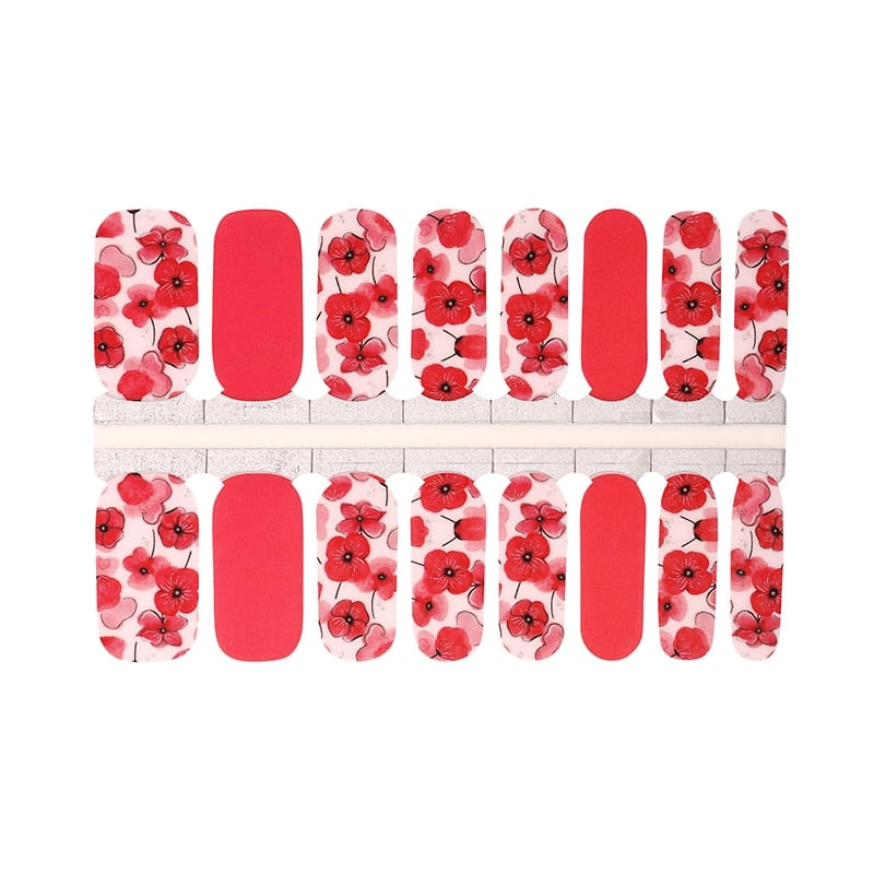 Complete sheet of red poppy non-UV nail wraps with watercolour floral pattern