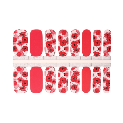 Complete sheet of red poppy non-UV nail wraps with watercolour floral pattern