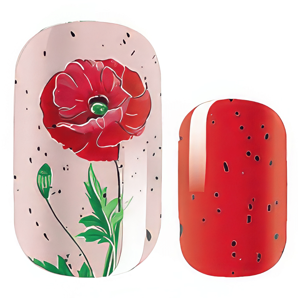 Poppy seed nail wraps featuring red floral design with black speckled pattern